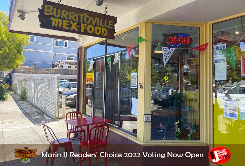 BurritoVille Mex Food - Vote for the Marin IJ Readers' Choice 2022 - BurritoVille Mex Food Exterior, logo and text.
