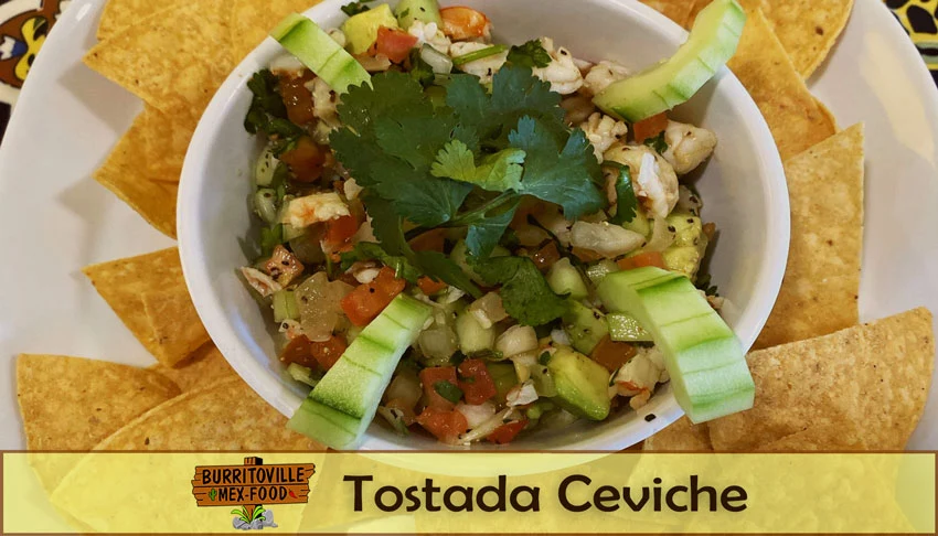 Burritoville Mex Food - A serving of Tostada Ceviche, logo and texts.